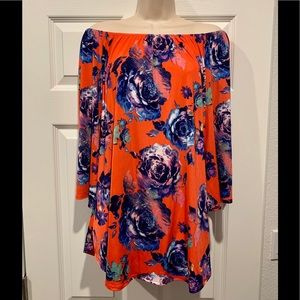 Boho coral orange boho floral tunic top
